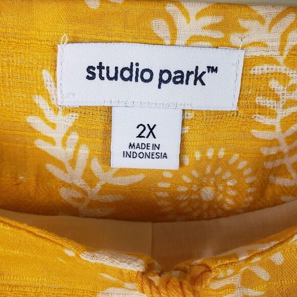 Studio Park Amy Stran Dress Womens 2X Yellow Textured Cotton Belted Lined Boho - Picture 7 of 16